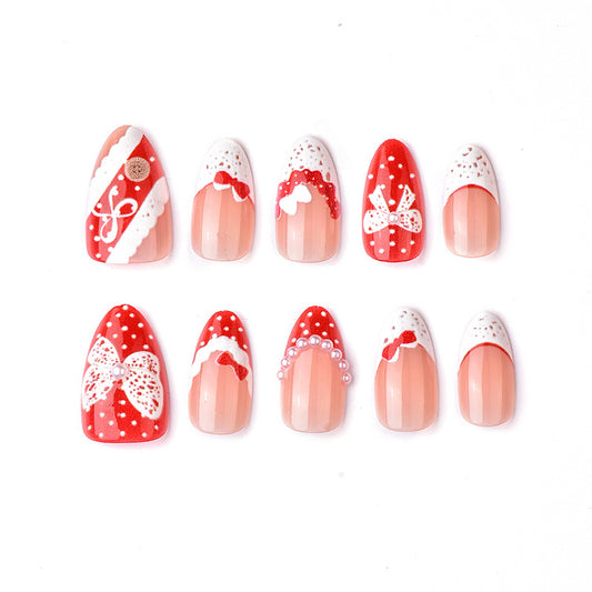 Festive Red Short Almond Press On Nail Set with Glittery Bow Accents