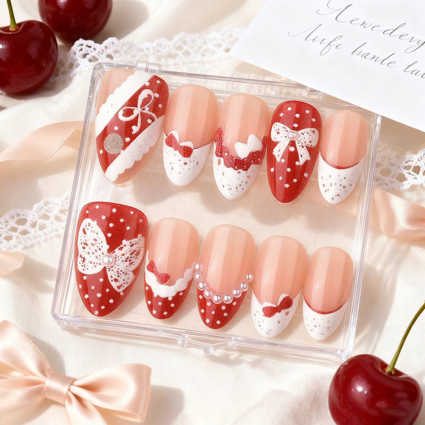 Cherry Blossom Delight Short Almond Red with Charming Bow Accents Nail Set