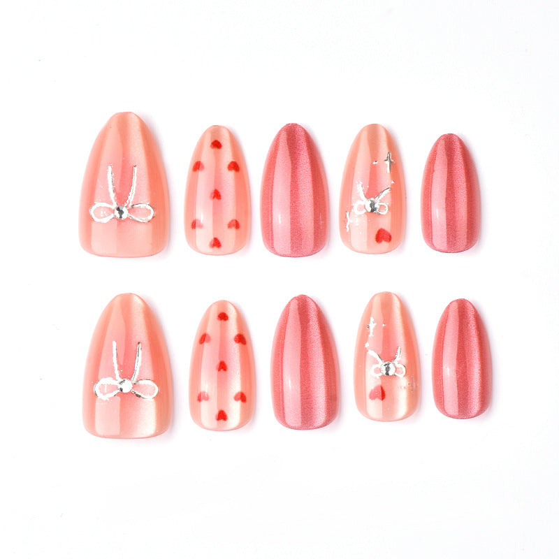 Charming Romance Short Almond Pink with Playful Heart Designs Press on Nail Set