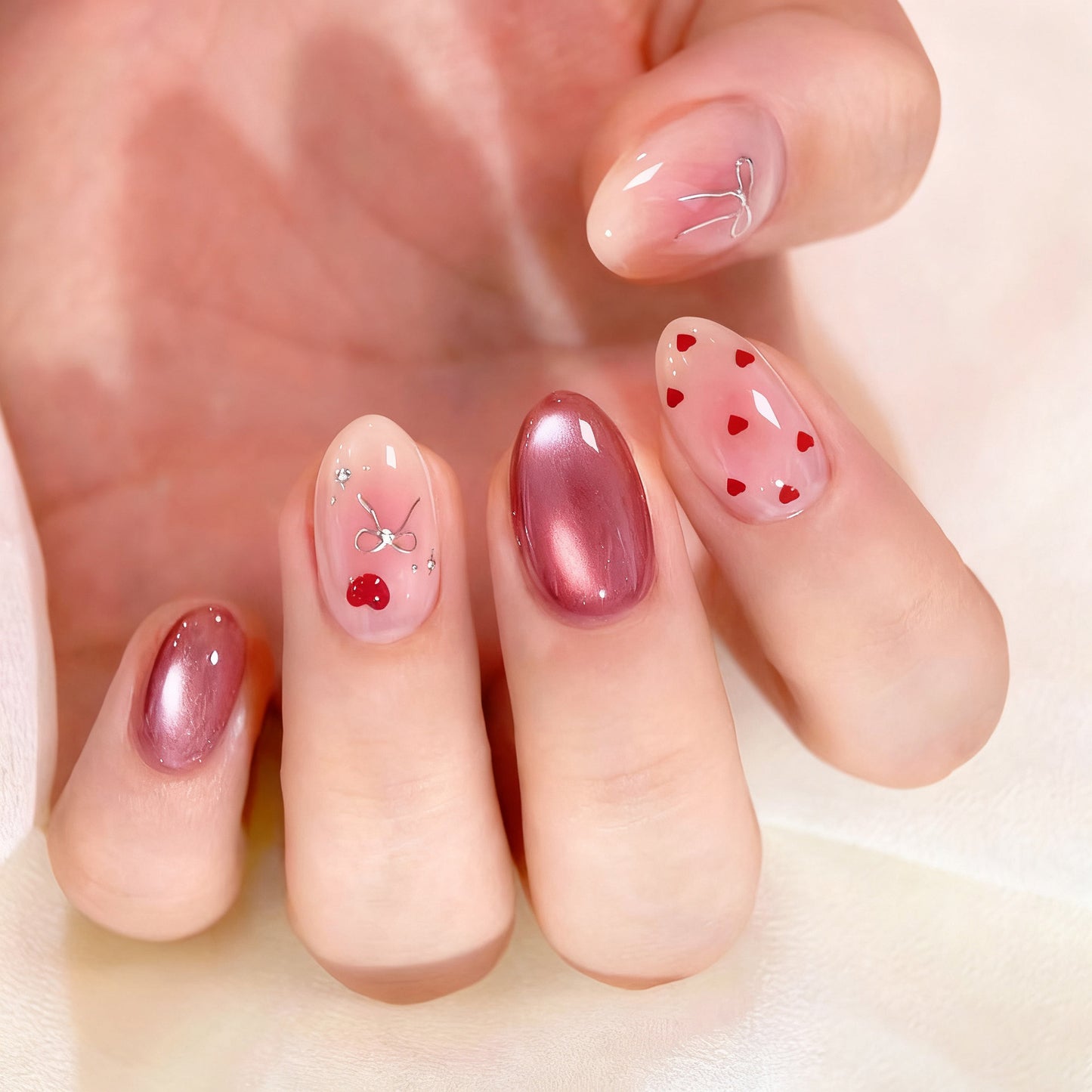 Charming Cherry Blossom Medium Almond Pink with Heart Patterns Press On Nail Set