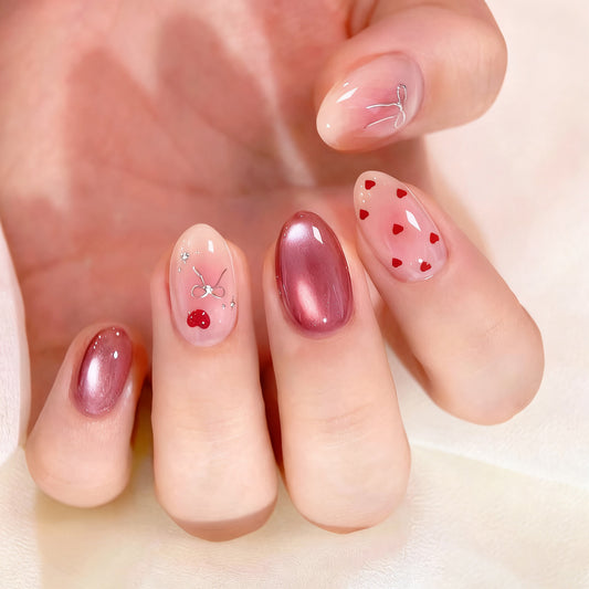 Charming Cherry Blossom Medium Almond Pink with Heart Patterns Press On Nail Set