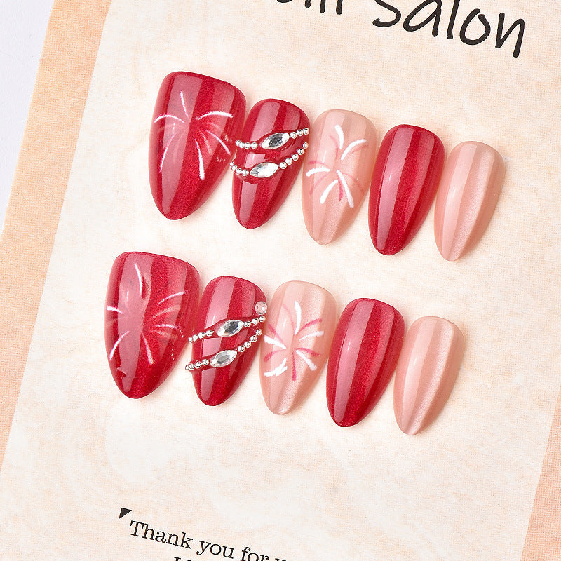 Tropical Sunset Short Almond Red with Floral Accents Press on Nail Set
