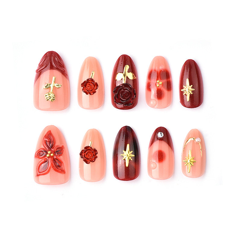 Enchanting Floral Dream Medium Almond Pink with Golden Accents Nail Set