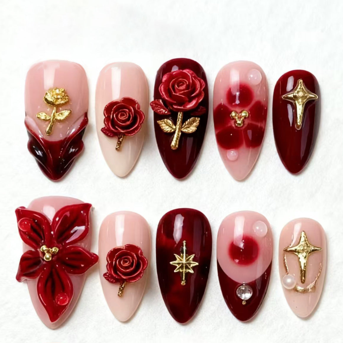 Elegant Rose Gold Inspired Long Stiletto Wine Red Press On Nail Set with Floral Accents