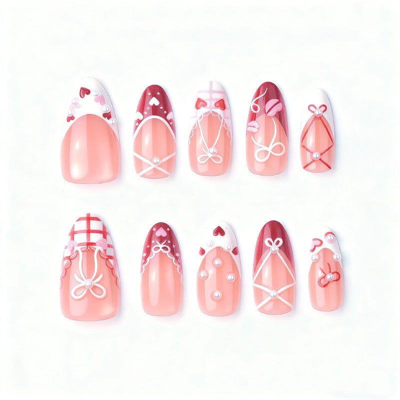 Romantic Heart Theme Long Oval Pink Design with Pearl Accents Press On Nail Set