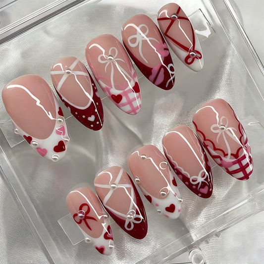 Romantic Long Stiletto Pink and Red Nail Set with Charming Bow Designs