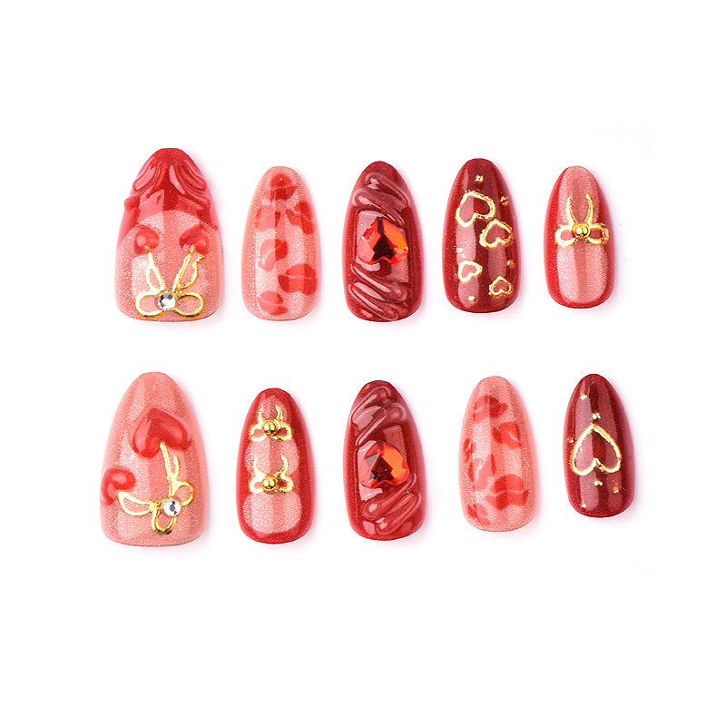 Romantic Hearts Long Almond Red Sparkling Nail Press Set