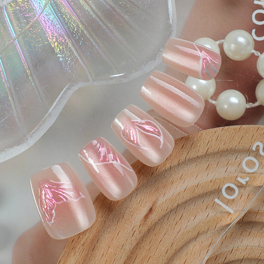 Whimsical Blossom Short Square Pink with Iridescent Floral Design Press-On Nail Set