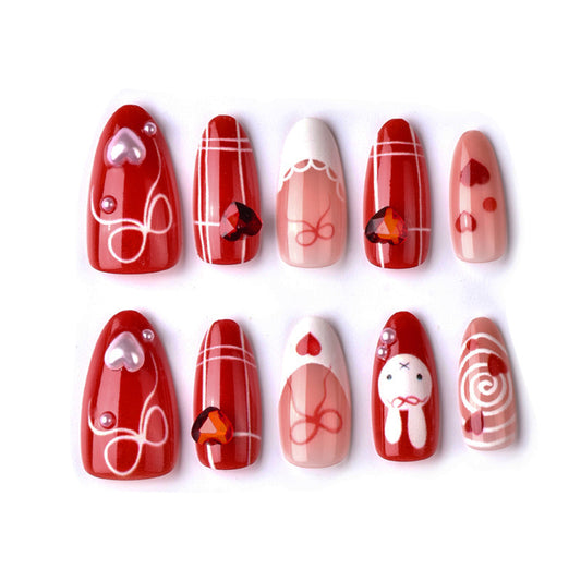 Romantic Short Coffin Red with Heart and Gem Accents Press On Nail Set