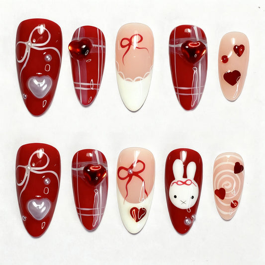 Cute Romance Short Coffin Red Hearts and Bows Press On Nail Set