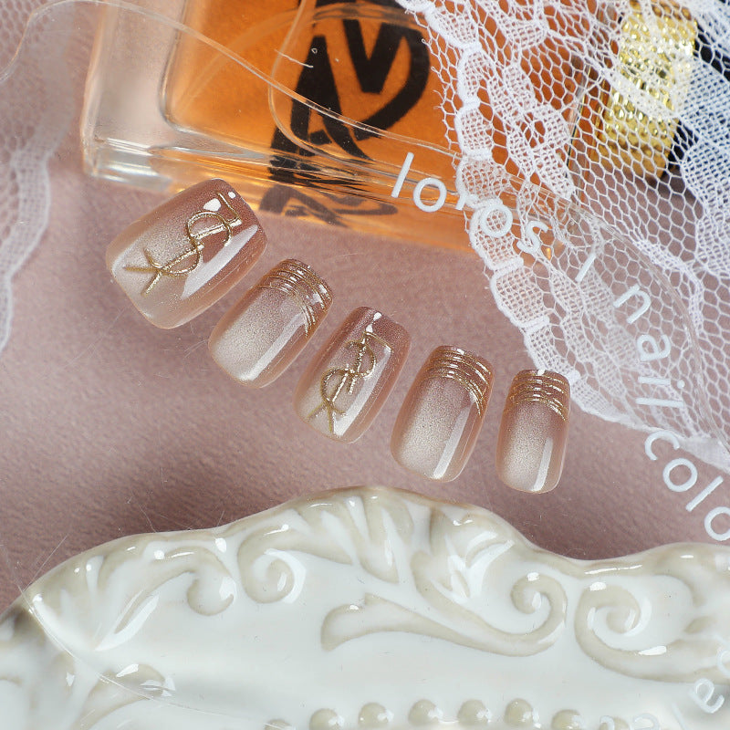 Elegant Gold Trimmed Short Square Beige Press On Nail Set