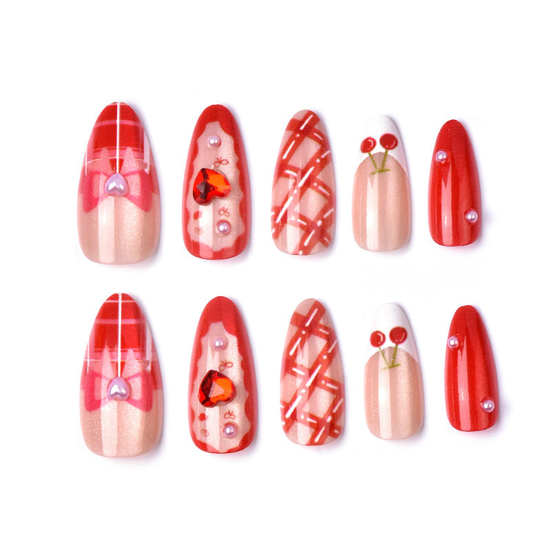 Festive Red Short Almond Nail Set with Charming Heart and Cherry Accents