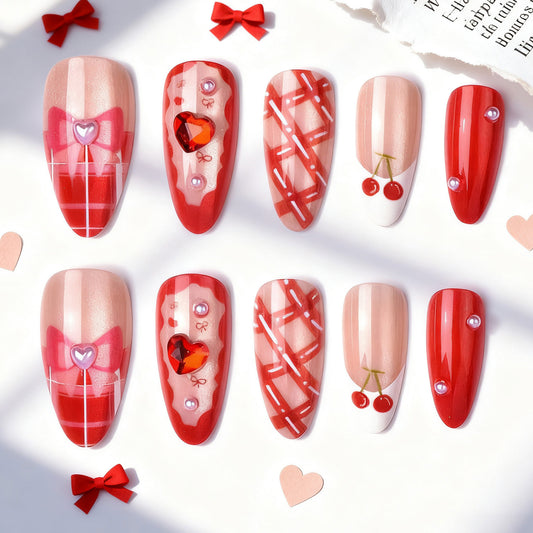 Sweetheart Medium Stiletto Red Nail Set with Charming Heart Accents
