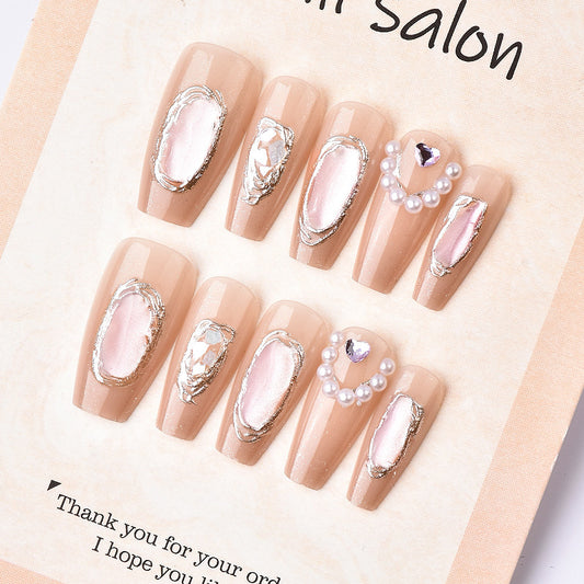 Glamorous Elegance Medium Coffin Beige with Pearl and Gem Accents Press on Nail Set