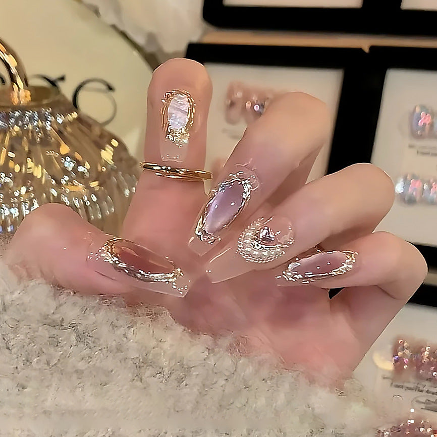 Celestial Glamour Long Almond Pink and Gold Swirl Press-On Nail Set