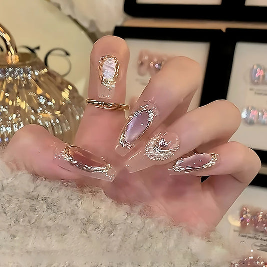Celestial Glamour Long Almond Pink and Gold Swirl Press-On Nail Set