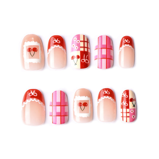 Charming Cherry Blossom Short Square Red with Whimsical Pattern Press-on Nail Set
