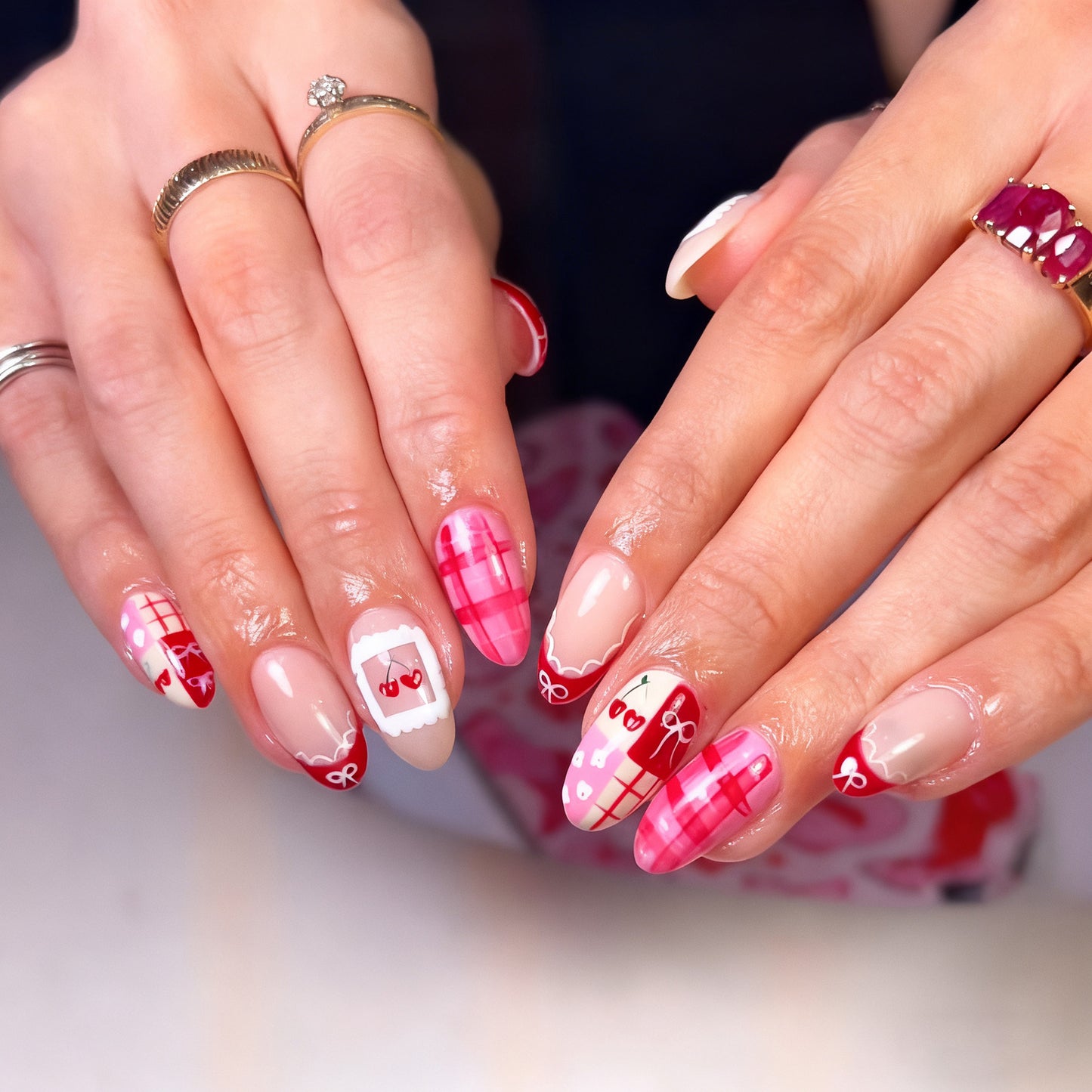 Sweet Cherry Bliss Long Almond Pink Plaid Press On Nail Set