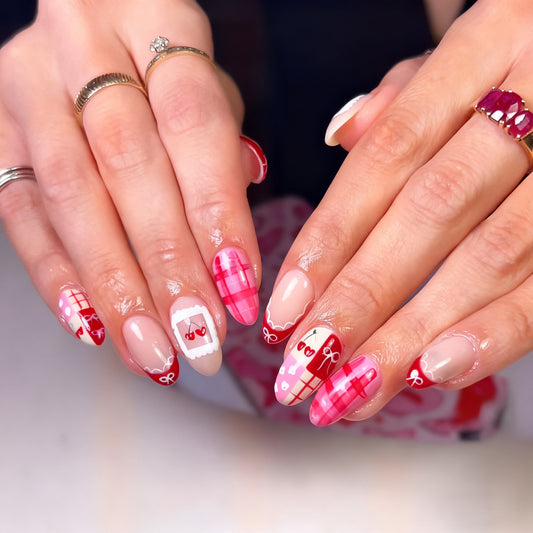 Sweet Cherry Bliss Long Almond Pink Plaid Press On Nail Set