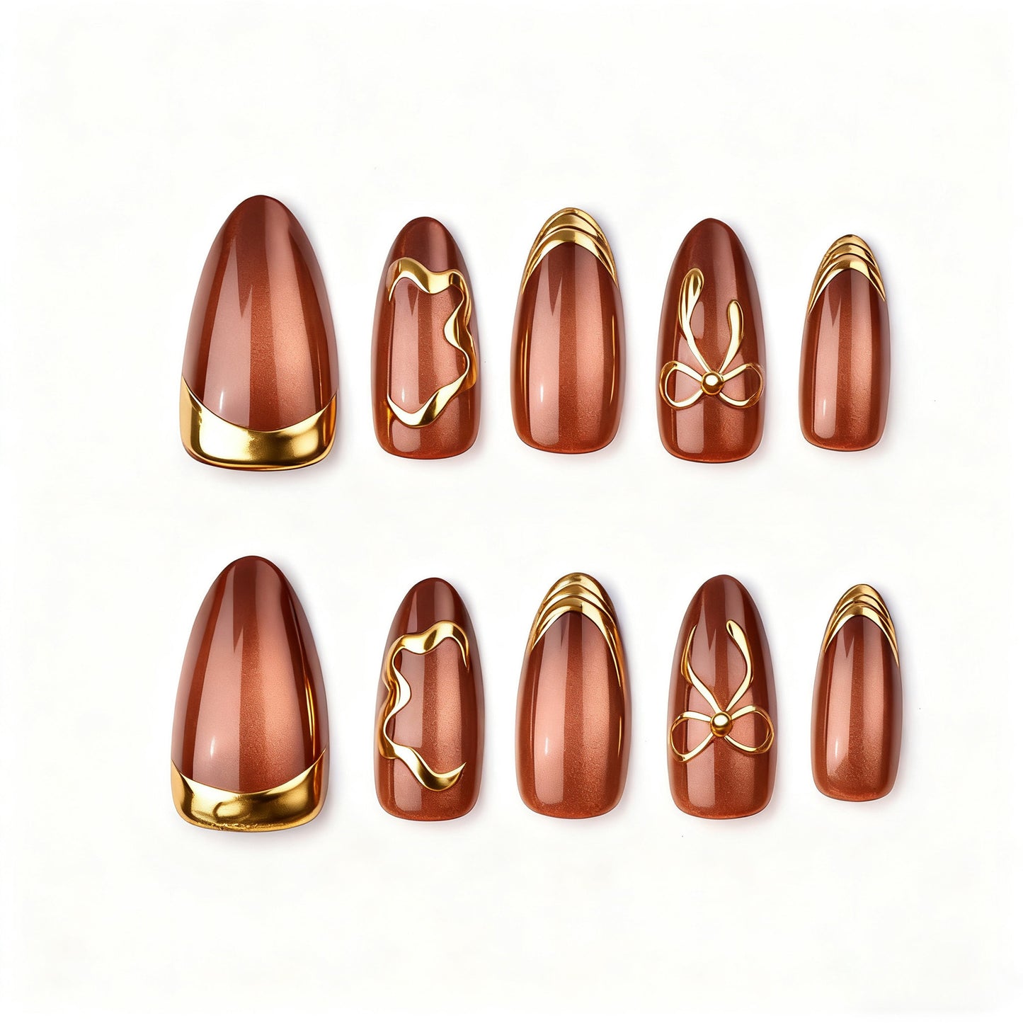 Chic Autumn Vibes Long Almond Rusty Copper Nails with Elegant Gold Accents
