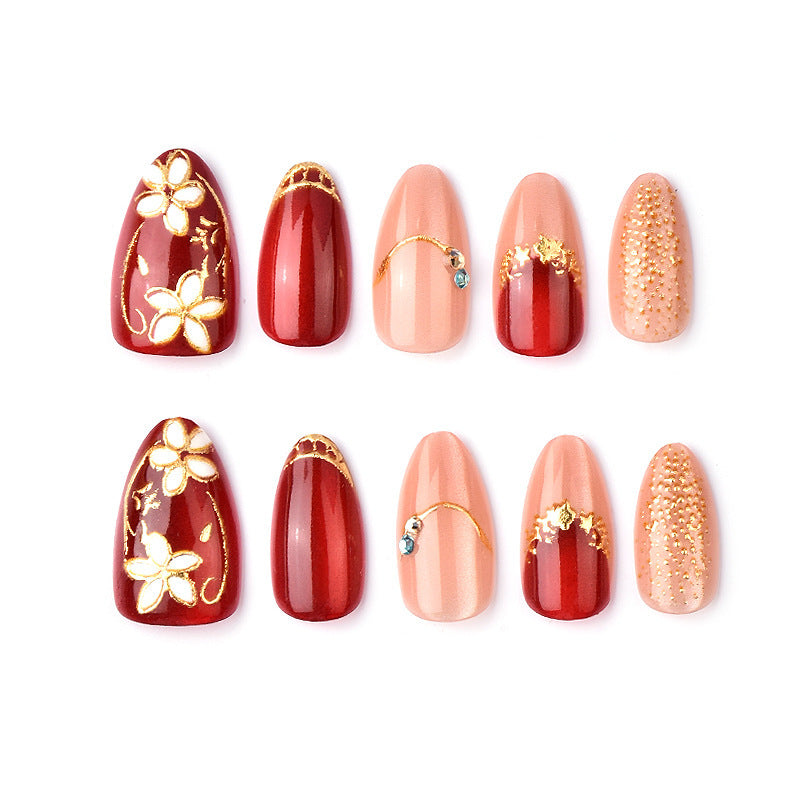 Elegant Floral Fantasy Long Almond Red with Sparkling Gold Accents Press-On Nail Set