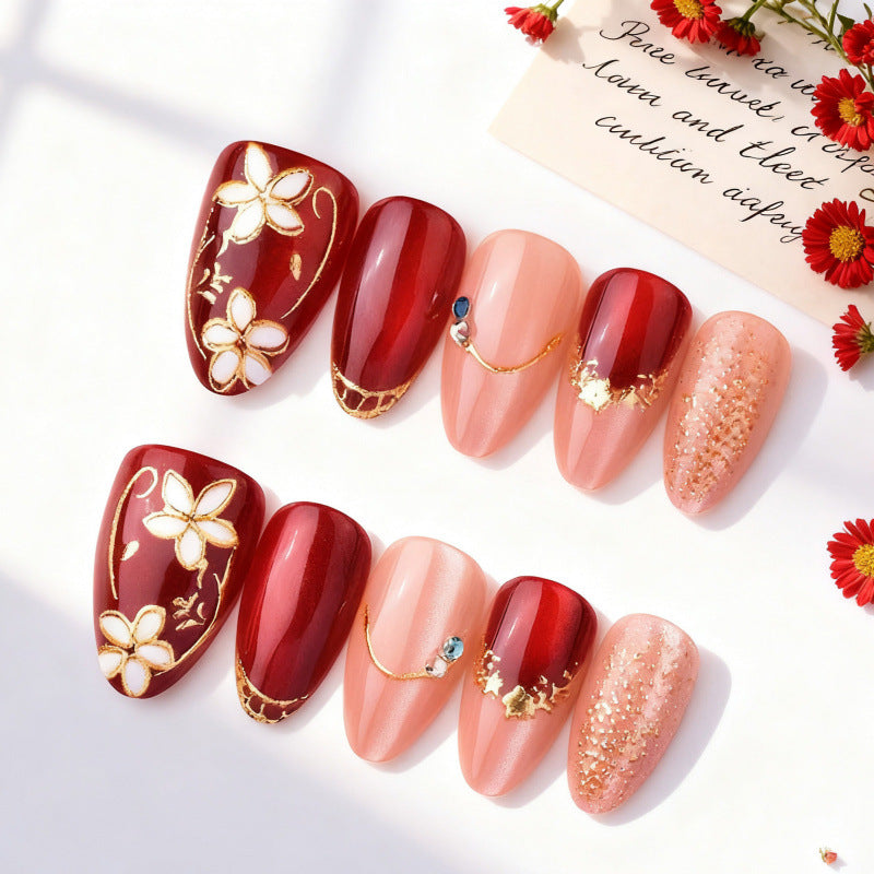 Enchanting Floral Elegance Medium Almond Deep Red Press On Nail Set with Floral Accents