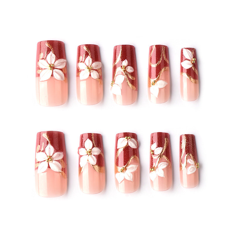 Blossoming Elegance Medium Square Beige with Floral Accents Press On Nail Set