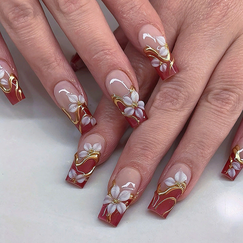 Bohemian Elegance Long Square Red and White Floral Press On Nail Set