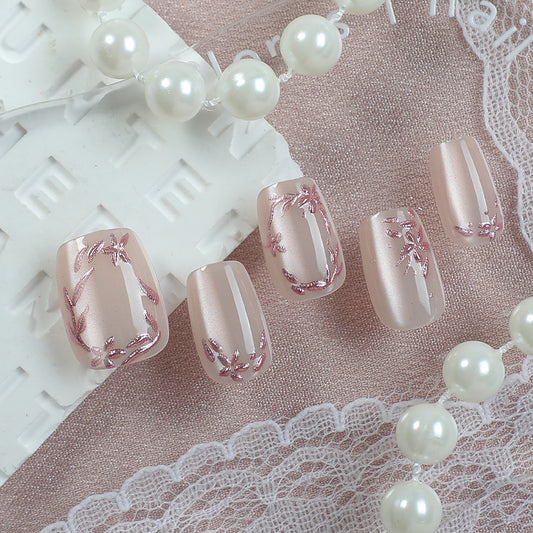 Elegant Floral Short Square Light Pink with Metallic Leaf Accents Press on Nail Set