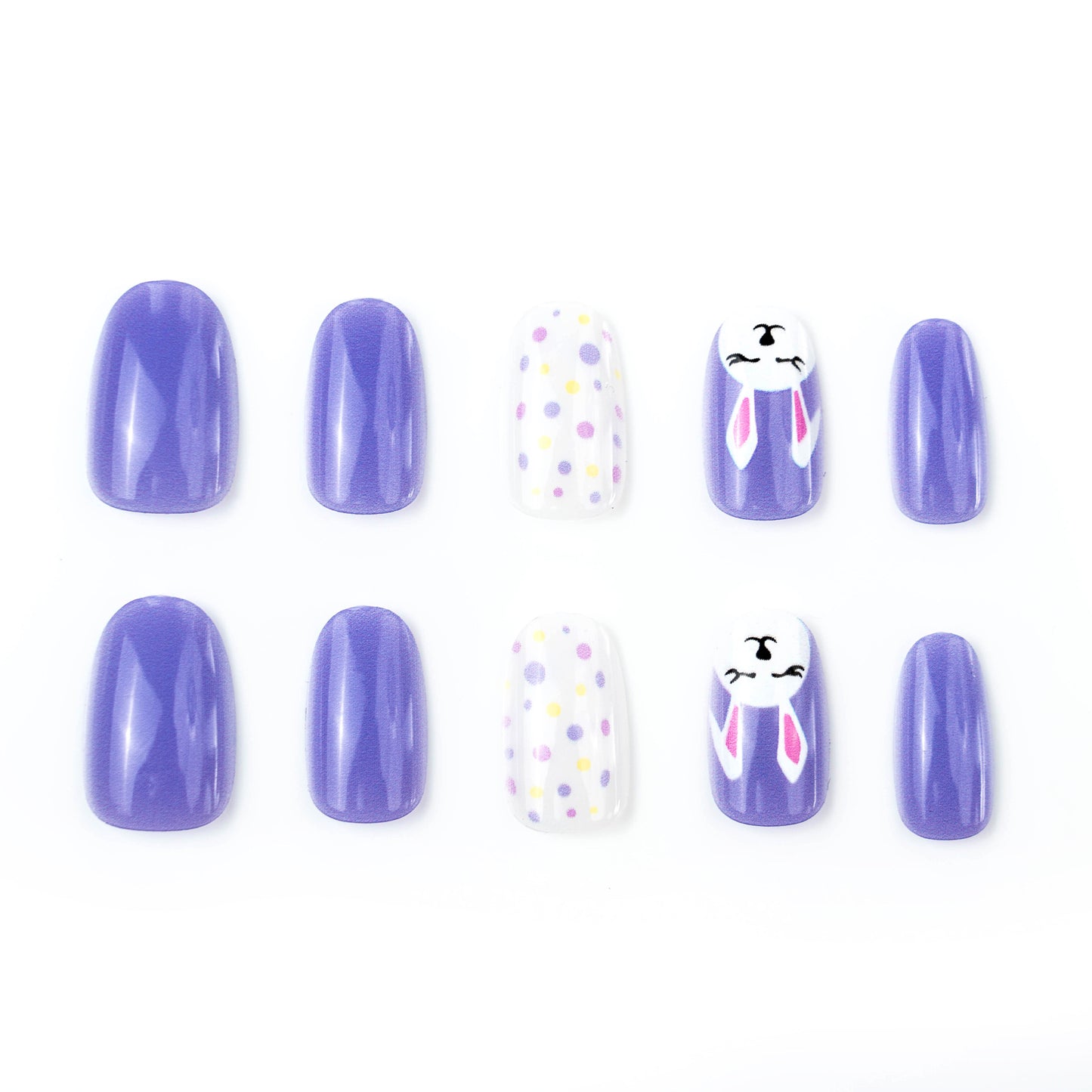 Whimsical Spring Short Round Purple Nails with Cute Bunny Design