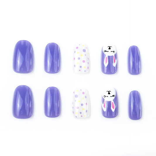 Whimsical Spring Short Round Purple Nails with Cute Bunny Design