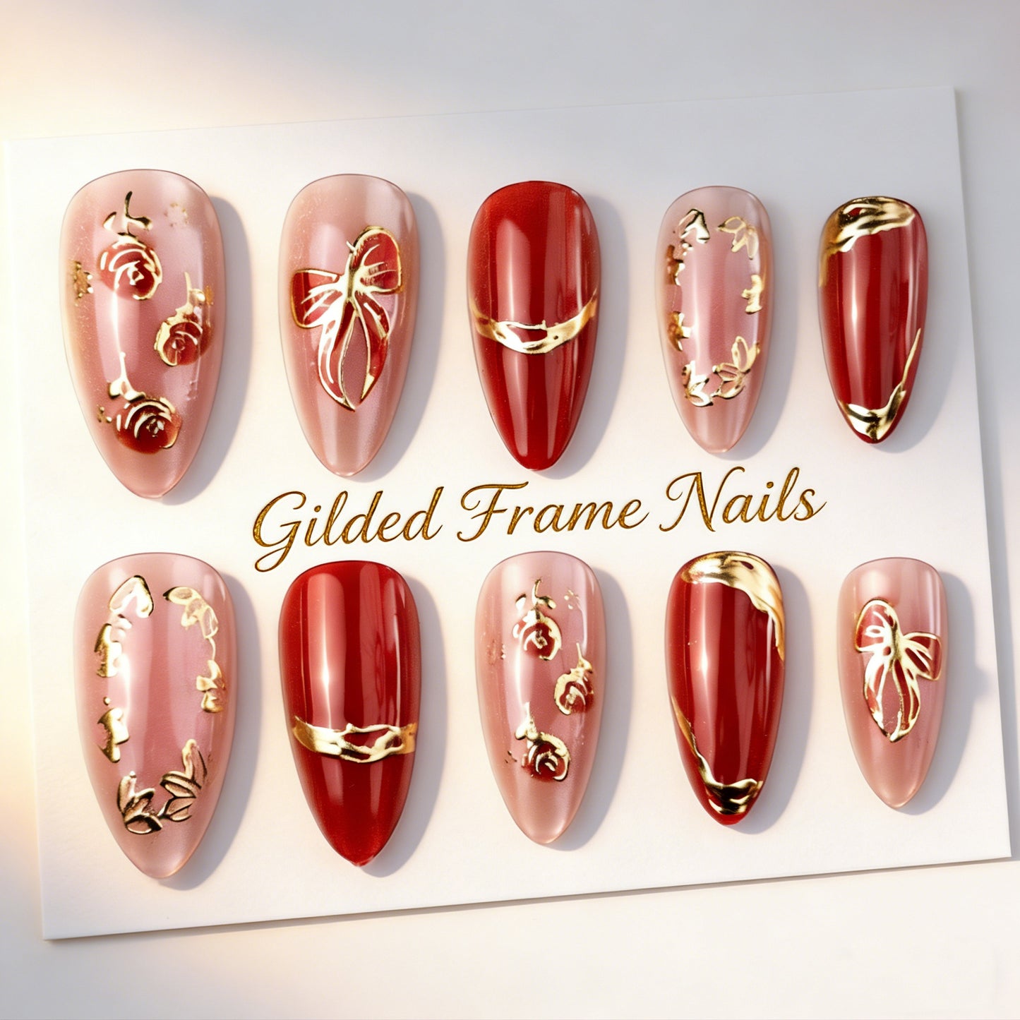 Gilded Elegance Medium Stiletto Red Nail Set with Floral Gold Accents