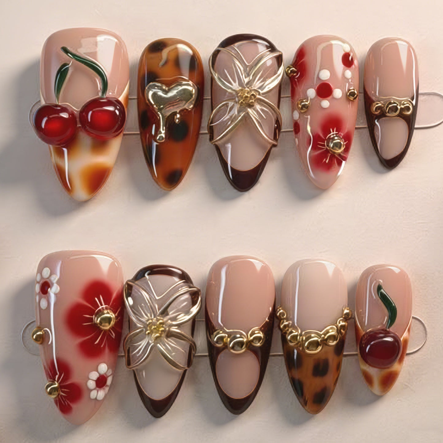 Vintage Cherry Blossom Medium Stiletto Tortoiseshell with Floral Embellishments Nail Set