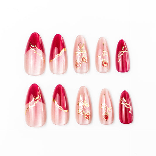 Romantic Floral Long Stiletto Red Ombre with Gold Foil Accents Press-On Nail Set