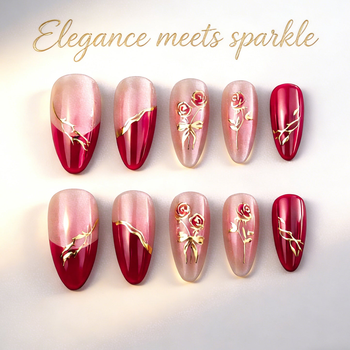 Glamourous Red Elegance Long Stiletto Press On Nail Set with Golden Floral Accents