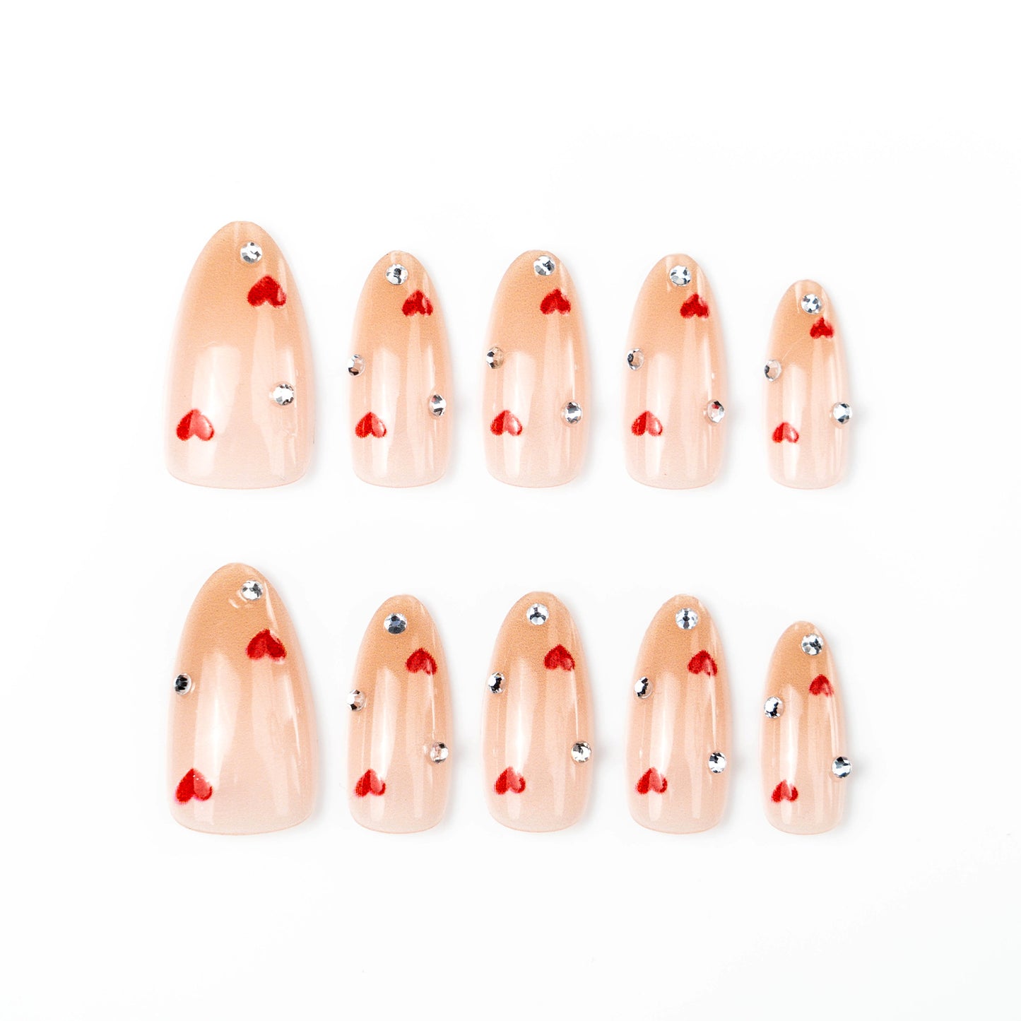 Romantic Vibes Long Almond Beige Press on Nail Set with Heart and Rhinestone Accents