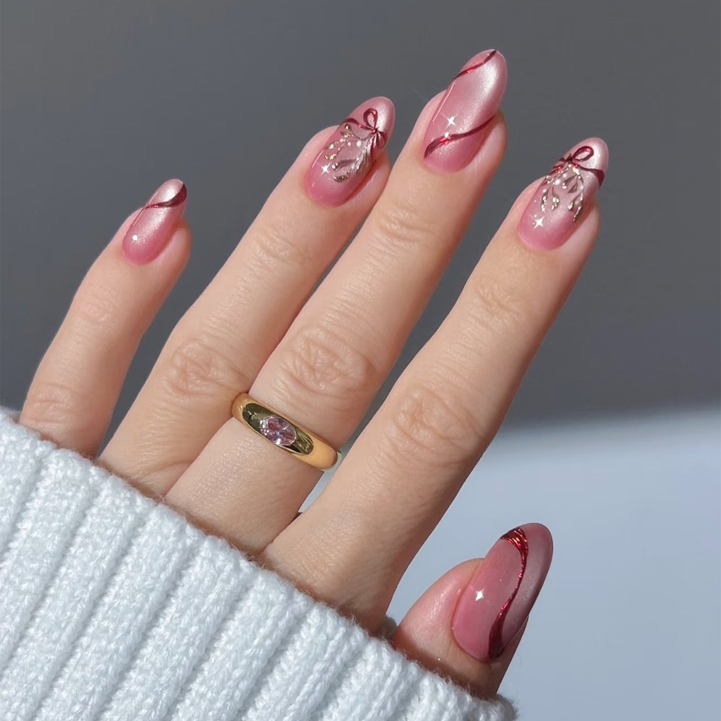Enchanting Elegance Medium Oval Pink Ombre with Glittery Ribbons Nail Set