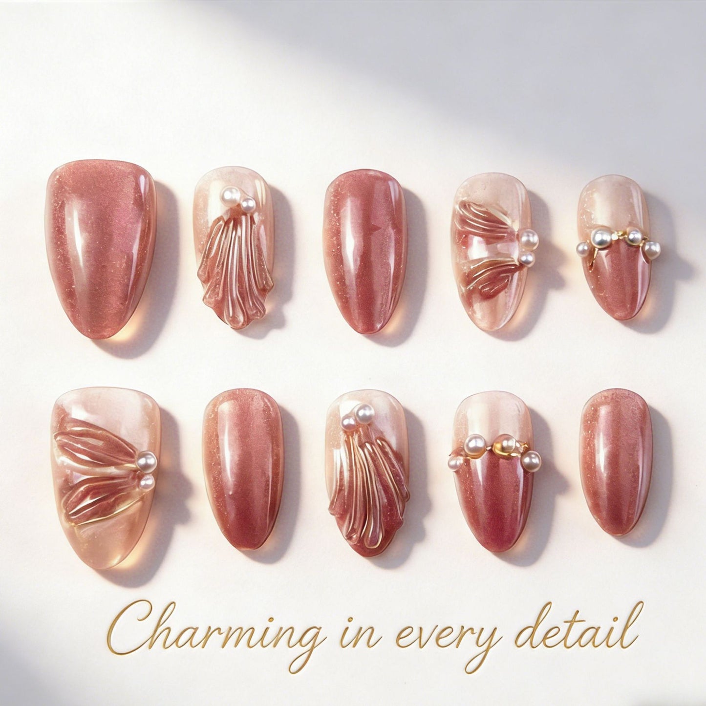 Charming Elegance Medium Almond Pink with Textured Detailing Press On Nail Set