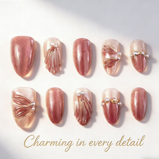 Charming Elegance Medium Almond Pink with Textured Detailing Press On Nail Set
