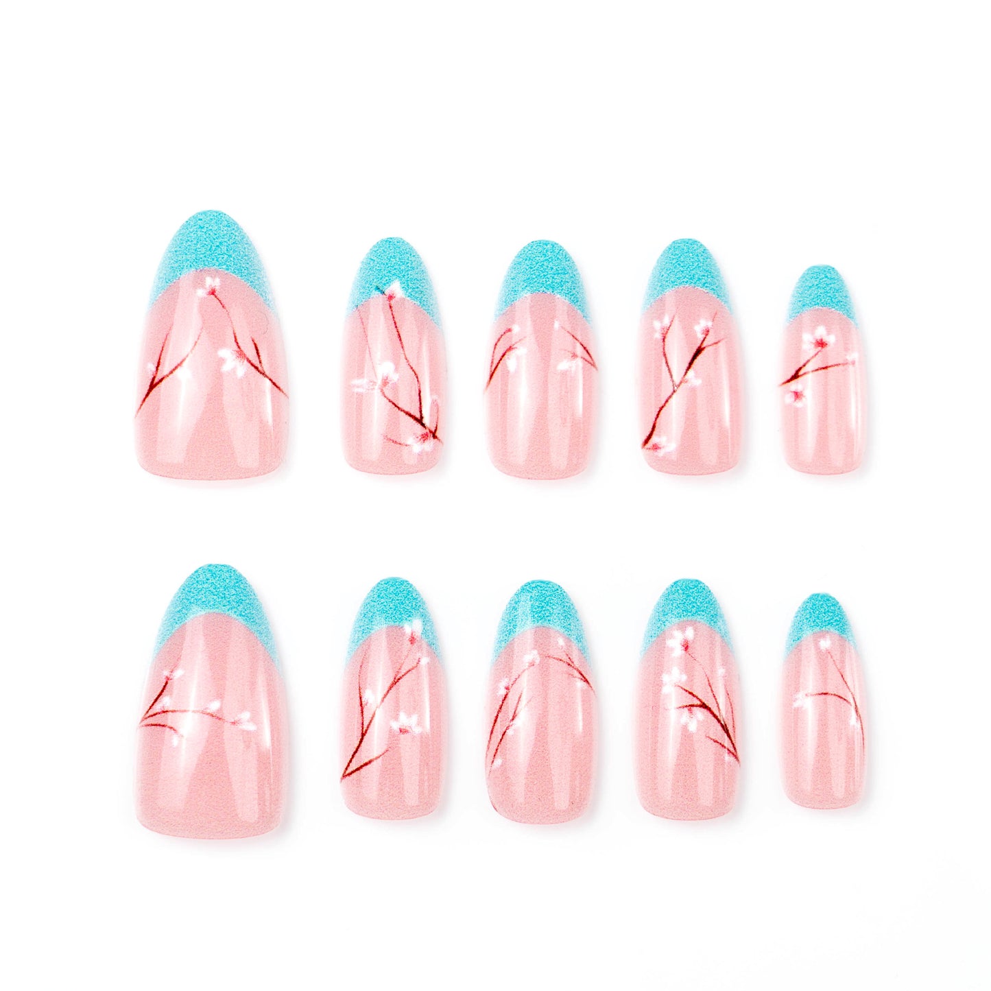 Cherry Blossom Dream Medium Almond Pink with Blue Tips Artisan Press-On Nail Set