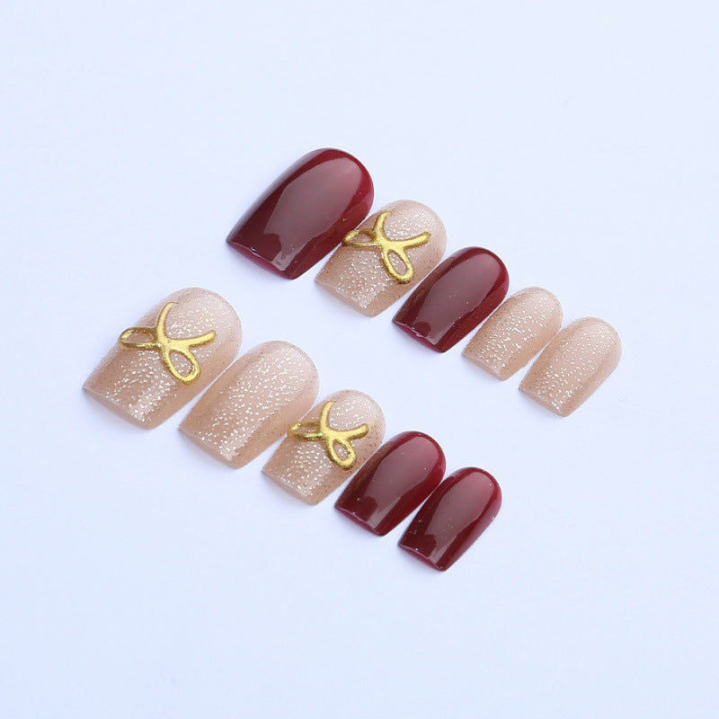 Glamorous Elegance Short Square Burgundy with Chic Gold Accent Nail Set