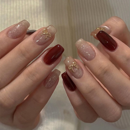 Vintage Glam Short Square Burgundy with Gold Bow Press-On Nail Set