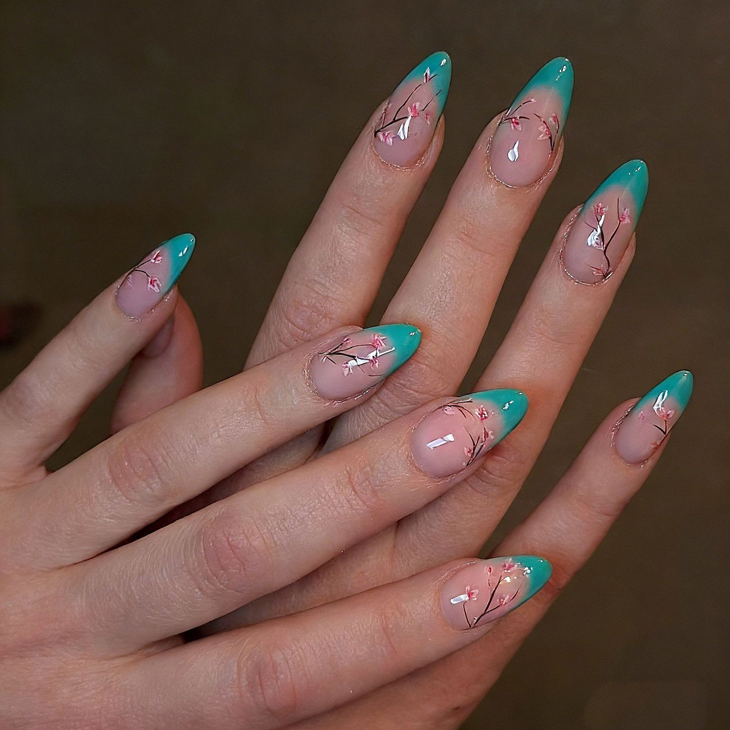 Cherry Blossom Inspired Long Stiletto Teal Press on Nail Set with Floral Accents