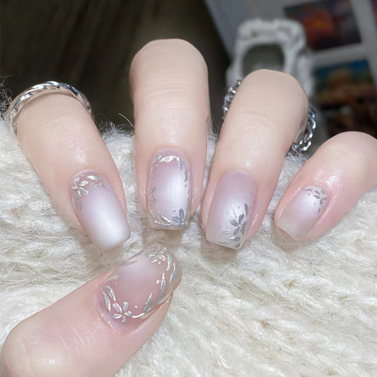 Whimsical Floral Short Square Frosted Nail Set with Delicate Silver Accents