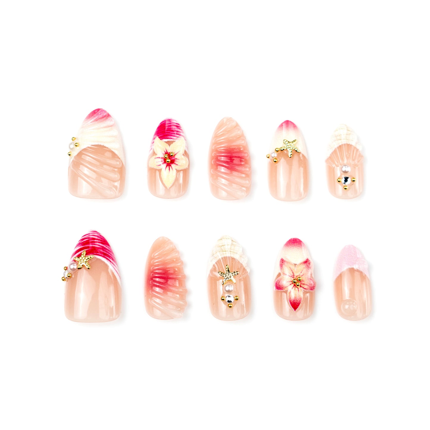 Enchanting Tropical Medium Almond Pink Floral Design Press On Nail Set