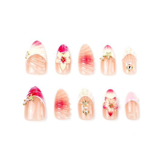 Enchanting Tropical Medium Almond Pink Floral Design Press On Nail Set