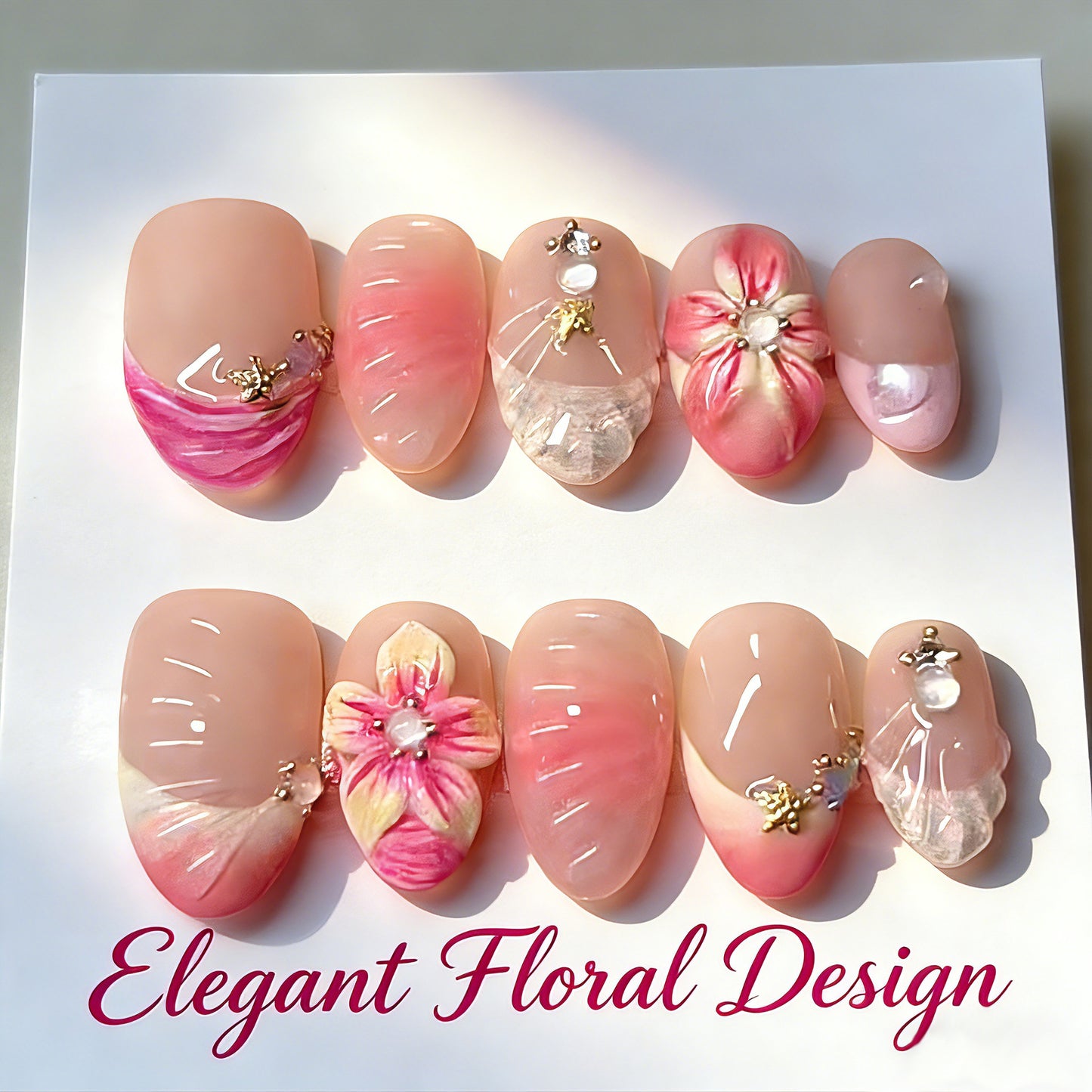 Charming Floral Press On Nail Set Short Oval Pink with Artistic Flower Embellishments