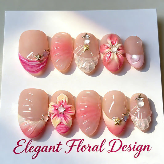 Charming Floral Press On Nail Set Short Oval Pink with Artistic Flower Embellishments