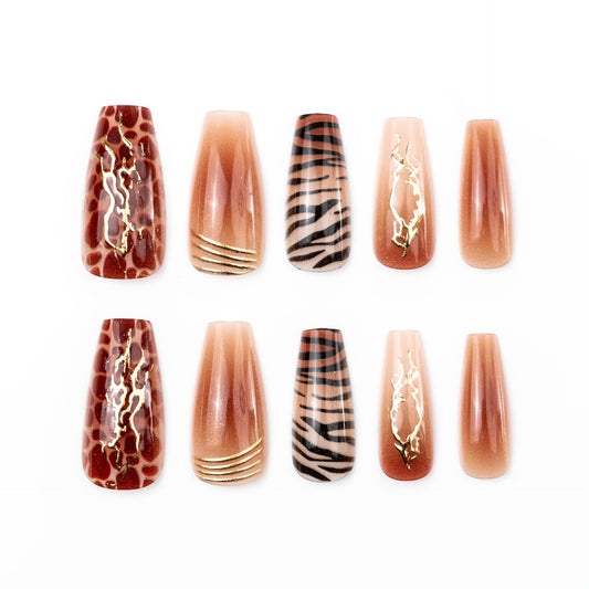 Savanna Style Long Coffin Brown Ombre with Bold Animal Prints Nail Set