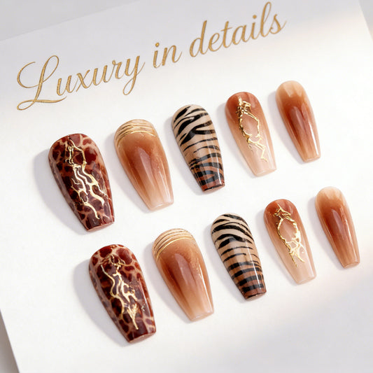 Exotic Elegance Long Coffin Brown with Gold Accents Press On Nail Set